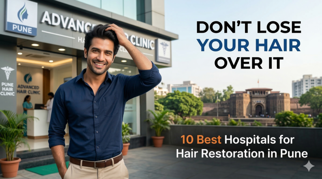 Banner for the 10 Best Hospitals for Hair Restoration in Pune, featuring a confident man with a full head of hair outside a Pune clinic.