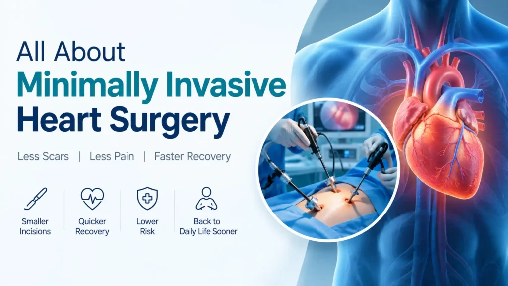 Illustration of minimally invasive heart surgery showing heart anatomy and surgical instruments used in small-incision procedures.